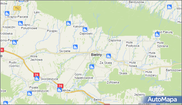 mapa Bieliny powiat kielecki, Bieliny powiat kielecki na mapie Targeo
