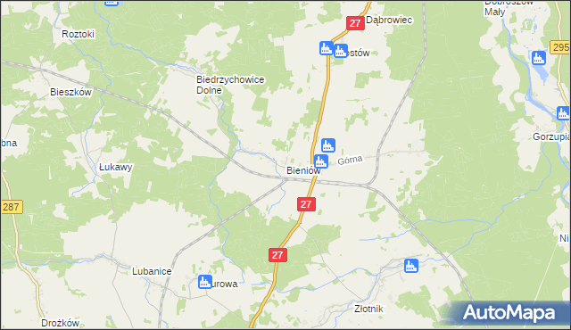 mapa Bieniów gmina Żary, Bieniów gmina Żary na mapie Targeo