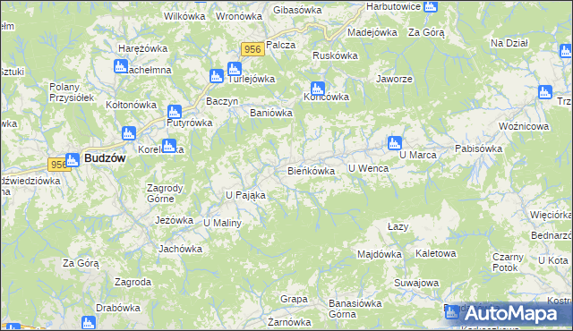 mapa Bieńkówka gmina Budzów, Bieńkówka gmina Budzów na mapie Targeo