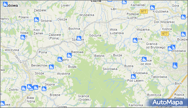 mapa Bieśnik gmina Łużna, Bieśnik gmina Łużna na mapie Targeo