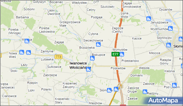 mapa Biskupice gmina Iwanowice, Biskupice gmina Iwanowice na mapie Targeo