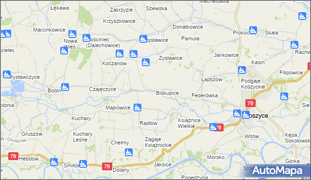 mapa Biskupice gmina Koszyce, Biskupice gmina Koszyce na mapie Targeo