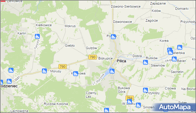 mapa Biskupice gmina Pilica, Biskupice gmina Pilica na mapie Targeo