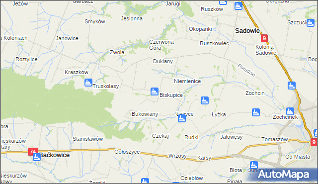 mapa Biskupice gmina Sadowie, Biskupice gmina Sadowie na mapie Targeo