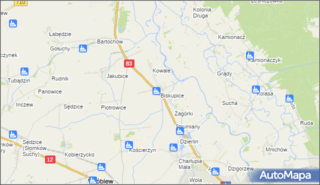 mapa Biskupice gmina Sieradz, Biskupice gmina Sieradz na mapie Targeo