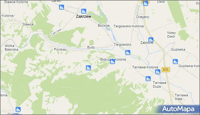 mapa Biskupie-Kolonia gmina Wysokie, Biskupie-Kolonia gmina Wysokie na mapie Targeo