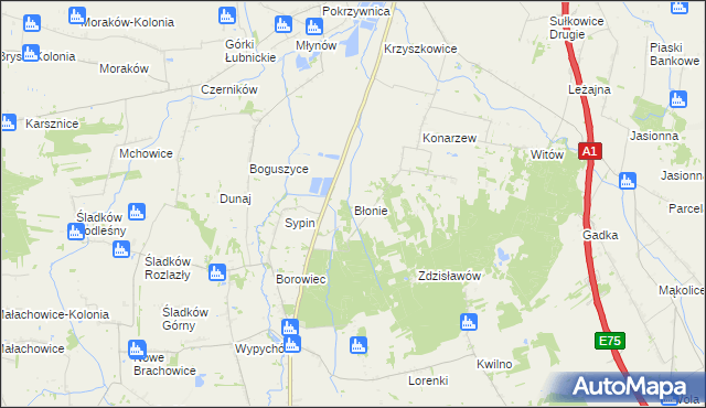 mapa Błonie gmina Piątek, Błonie gmina Piątek na mapie Targeo
