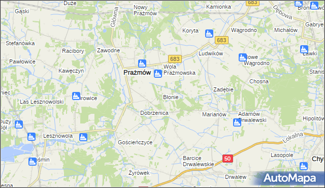 mapa Błonie gmina Prażmów, Błonie gmina Prażmów na mapie Targeo