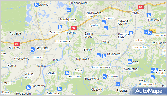 mapa Błonie gmina Tarnów, Błonie gmina Tarnów na mapie Targeo