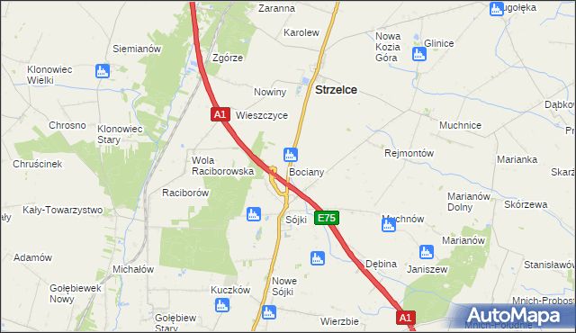 mapa Bociany gmina Strzelce, Bociany gmina Strzelce na mapie Targeo