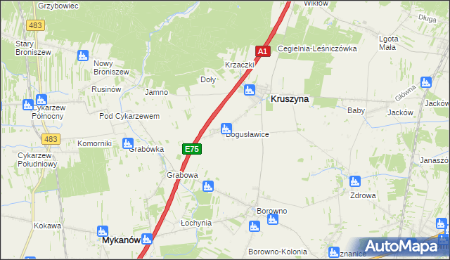 mapa Bogusławice gmina Kruszyna, Bogusławice gmina Kruszyna na mapie Targeo