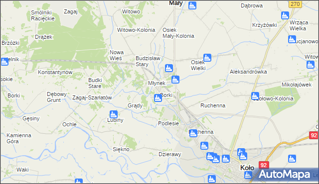 mapa Borki gmina Koło, Borki gmina Koło na mapie Targeo