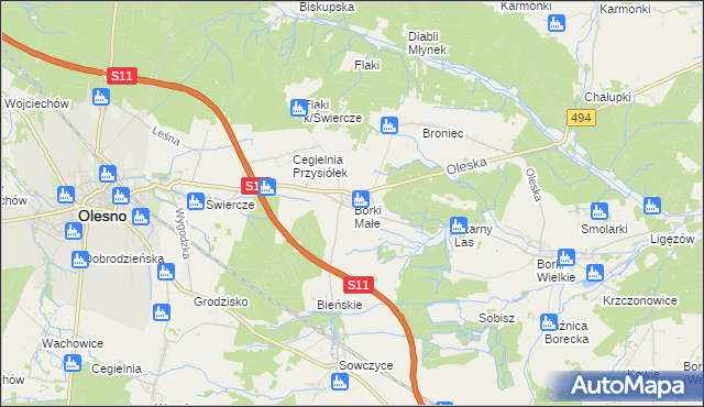 mapa Borki Małe gmina Olesno, Borki Małe gmina Olesno na mapie Targeo