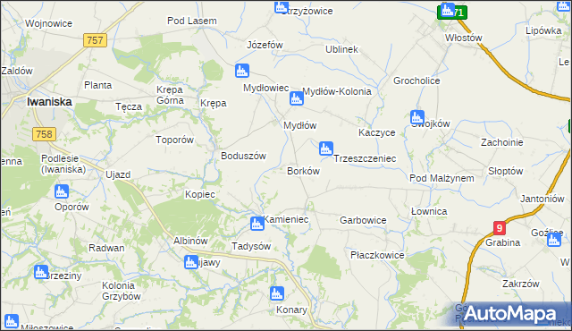 mapa Borków gmina Iwaniska, Borków gmina Iwaniska na mapie Targeo