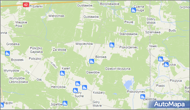 mapa Borowa gmina Przedbórz, Borowa gmina Przedbórz na mapie Targeo