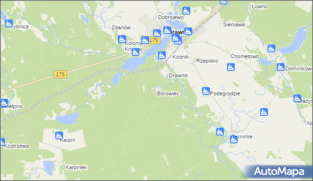 mapa Borowiec gmina Drawno, Borowiec gmina Drawno na mapie Targeo