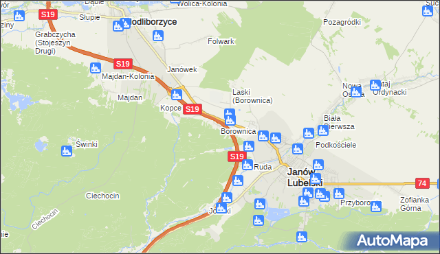 mapa Borownica gmina Janów Lubelski, Borownica gmina Janów Lubelski na mapie Targeo