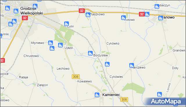 mapa Borzysław gmina Grodzisk Wielkopolski, Borzysław gmina Grodzisk Wielkopolski na mapie Targeo