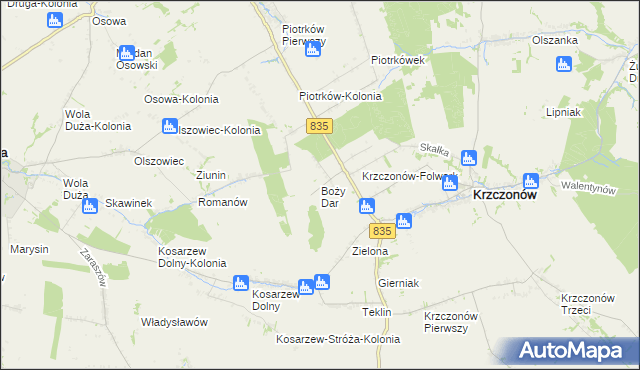mapa Boży Dar gmina Krzczonów, Boży Dar gmina Krzczonów na mapie Targeo