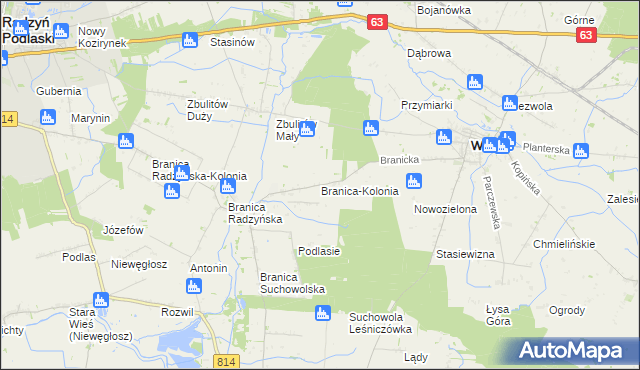 mapa Branica-Kolonia gmina Wohyń, Branica-Kolonia gmina Wohyń na mapie Targeo
