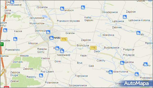 mapa Brończyce gmina Słomniki, Brończyce gmina Słomniki na mapie Targeo