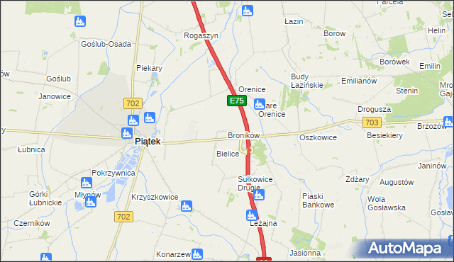 mapa Broników gmina Piątek, Broników gmina Piątek na mapie Targeo