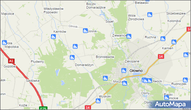 mapa Bronisławów gmina Głowno, Bronisławów gmina Głowno na mapie Targeo