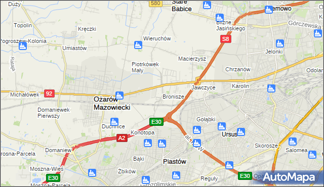 mapa Bronisze gmina Ożarów Mazowiecki, Bronisze gmina Ożarów Mazowiecki na mapie Targeo
