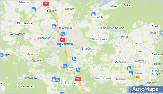 mapa Bronów gmina Żarnów, Bronów gmina Żarnów na mapie Targeo