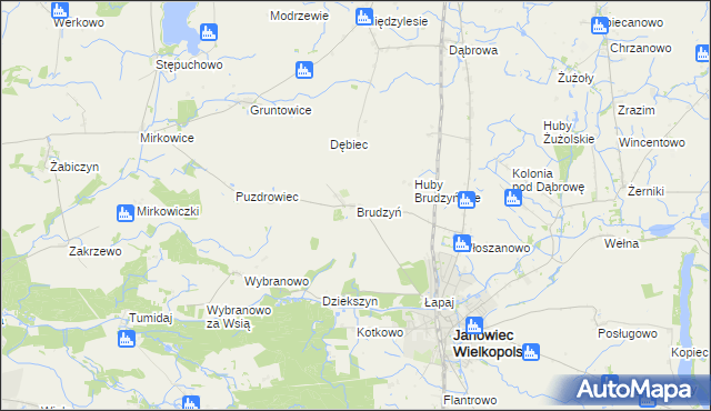 mapa Brudzyń gmina Janowiec Wielkopolski, Brudzyń gmina Janowiec Wielkopolski na mapie Targeo