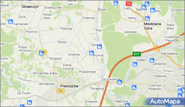 mapa Brynica gmina Piekoszów, Brynica gmina Piekoszów na mapie Targeo