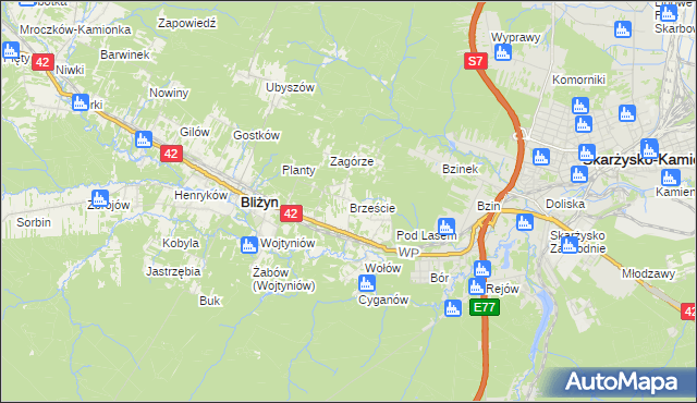 mapa Brzeście gmina Bliżyn, Brzeście gmina Bliżyn na mapie Targeo