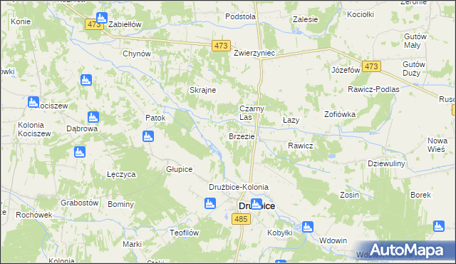 mapa Brzezie gmina Drużbice, Brzezie gmina Drużbice na mapie Targeo