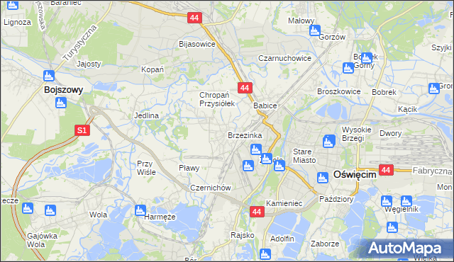 mapa Brzezinka gmina Oświęcim, Brzezinka gmina Oświęcim na mapie Targeo