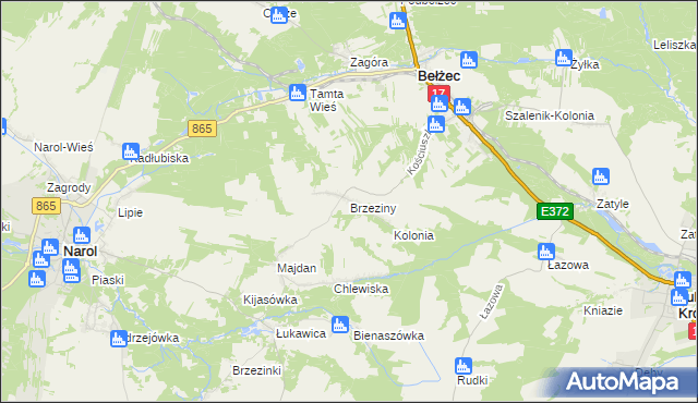 mapa Brzeziny gmina Bełżec, Brzeziny gmina Bełżec na mapie Targeo