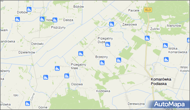 mapa Brzeziny gmina Komarówka Podlaska, Brzeziny gmina Komarówka Podlaska na mapie Targeo