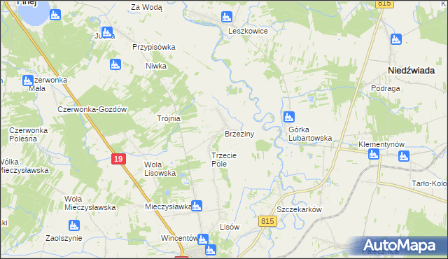 mapa Brzeziny gmina Lubartów, Brzeziny gmina Lubartów na mapie Targeo