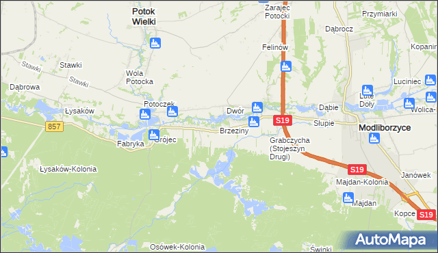 mapa Brzeziny gmina Modliborzyce, Brzeziny gmina Modliborzyce na mapie Targeo