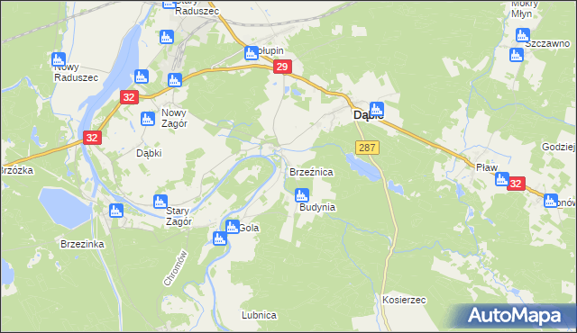 mapa Brzeźnica gmina Dąbie, Brzeźnica gmina Dąbie na mapie Targeo