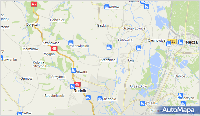 mapa Brzeźnica gmina Rudnik, Brzeźnica gmina Rudnik na mapie Targeo