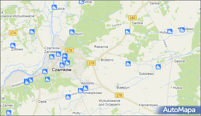 mapa Brzeźno gmina Czarnków, Brzeźno gmina Czarnków na mapie Targeo