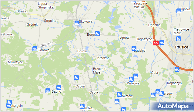 mapa Brzeźno gmina Prusice, Brzeźno gmina Prusice na mapie Targeo
