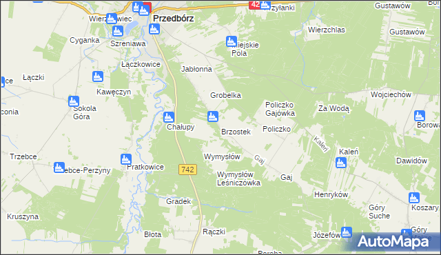 mapa Brzostek gmina Przedbórz, Brzostek gmina Przedbórz na mapie Targeo