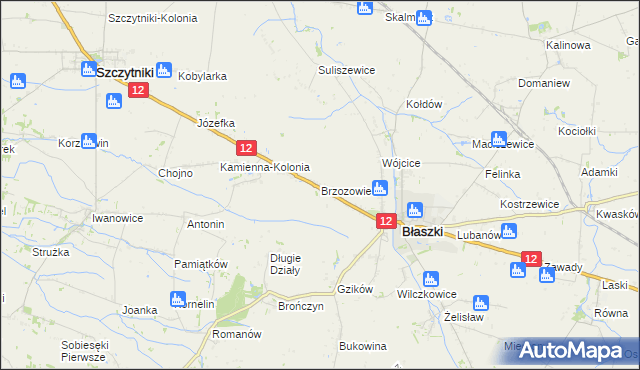 mapa Brzozowiec gmina Błaszki, Brzozowiec gmina Błaszki na mapie Targeo