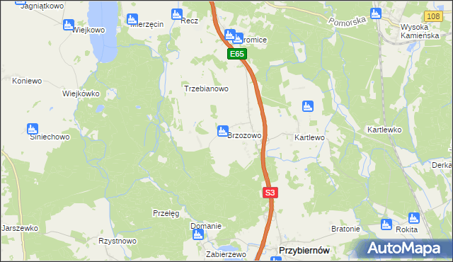 mapa Brzozowo gmina Przybiernów, Brzozowo gmina Przybiernów na mapie Targeo