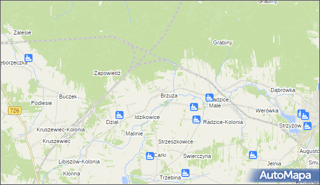 mapa Brzuza gmina Drzewica, Brzuza gmina Drzewica na mapie Targeo