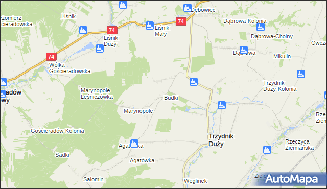 mapa Budki gmina Trzydnik Duży, Budki gmina Trzydnik Duży na mapie Targeo