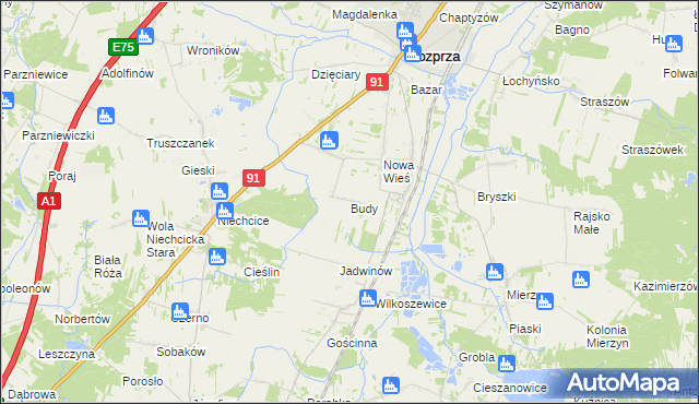 mapa Budy gmina Rozprza, Budy gmina Rozprza na mapie Targeo