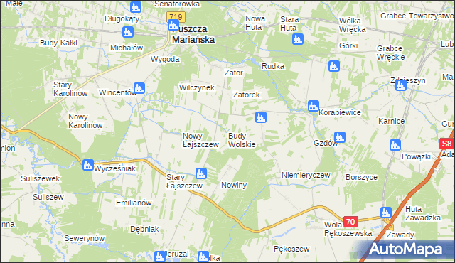 mapa Budy Wolskie gmina Puszcza Mariańska, Budy Wolskie gmina Puszcza Mariańska na mapie Targeo