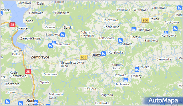 mapa Budzów powiat suski, Budzów powiat suski na mapie Targeo